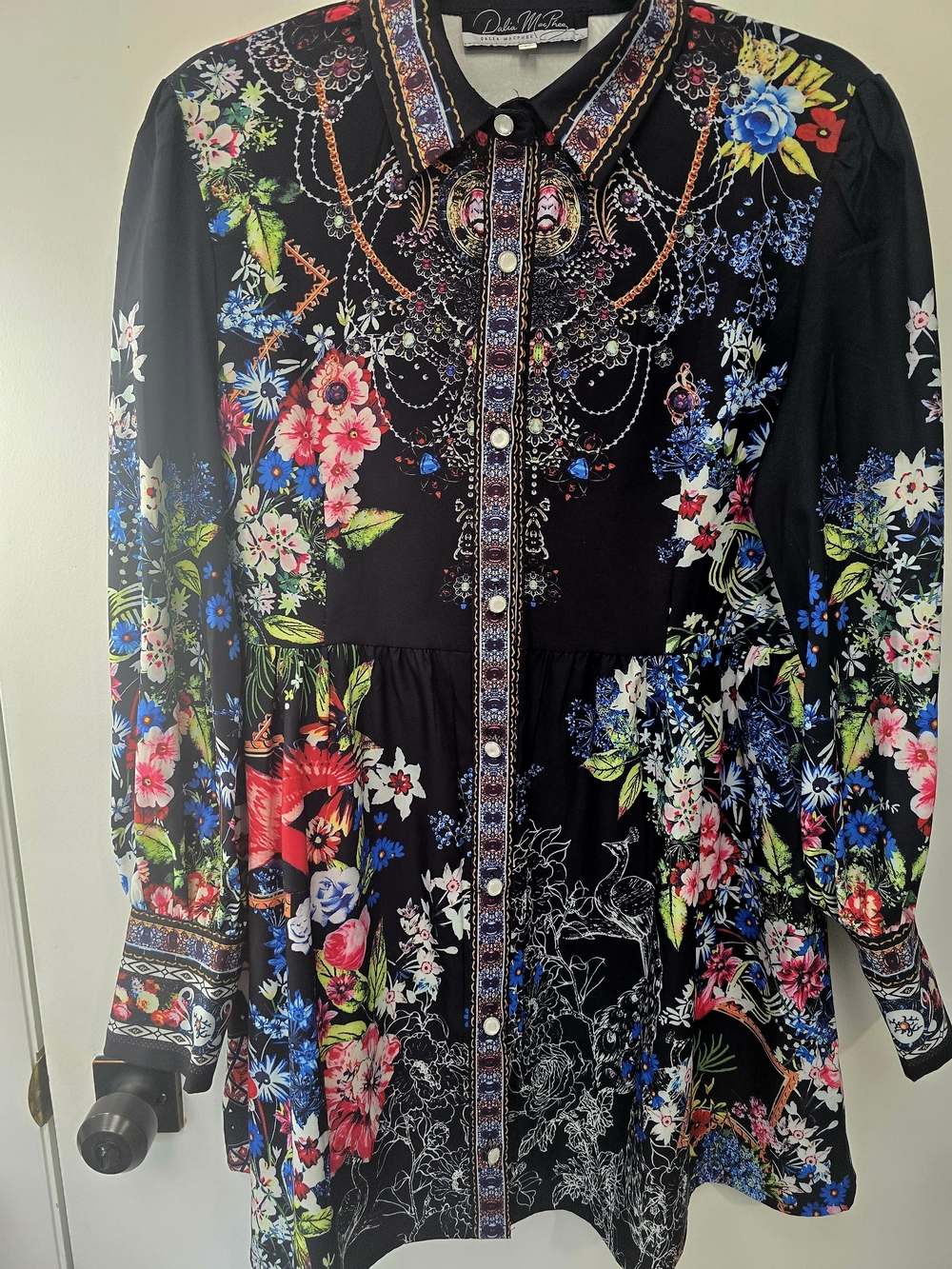 Delia McFee Black Floral Button Down Long Sleeve Minidress-Large CHIC! - Picture 4 of 16
